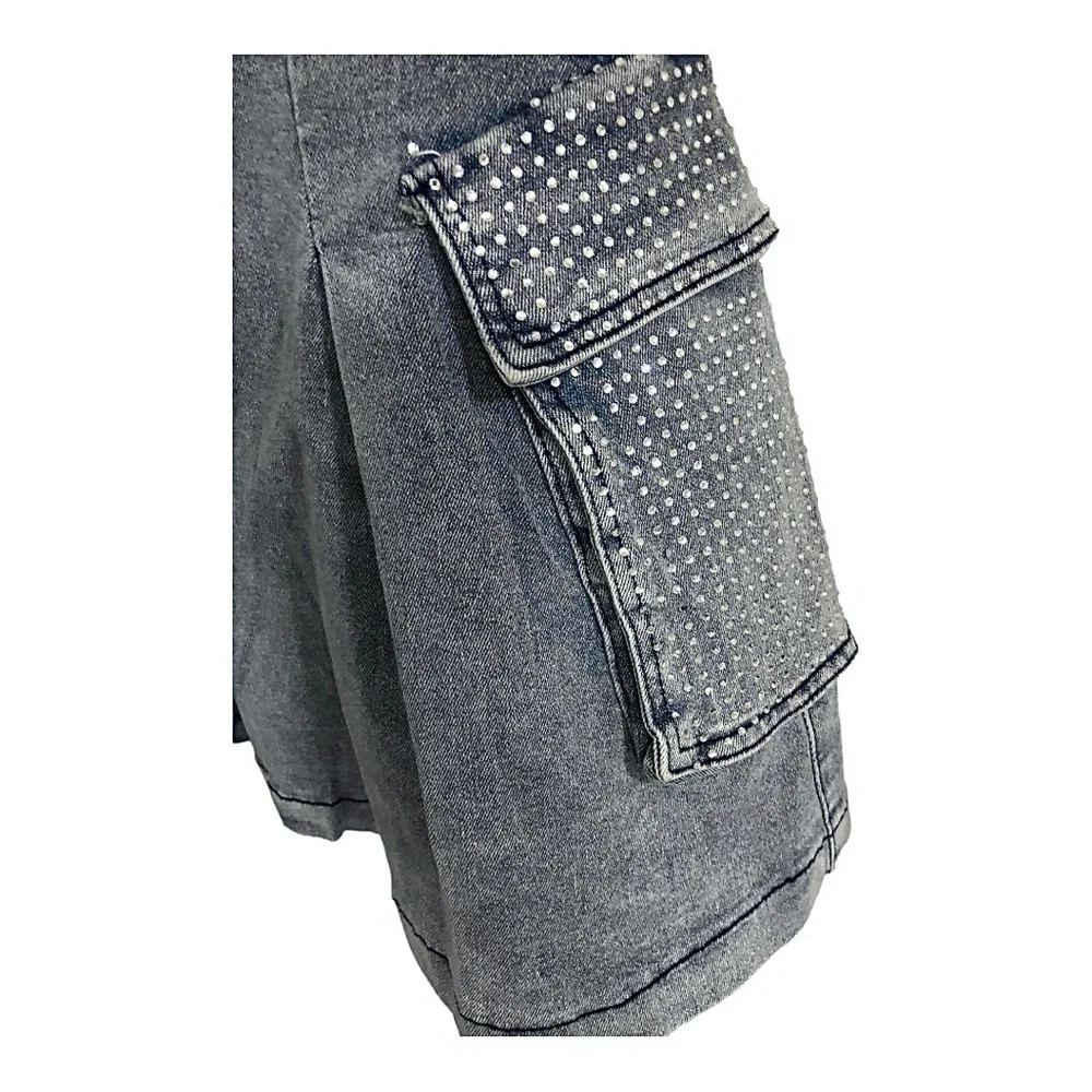 A-line crystal embellished rhinestone utility cargo style mini denim jeans skirt